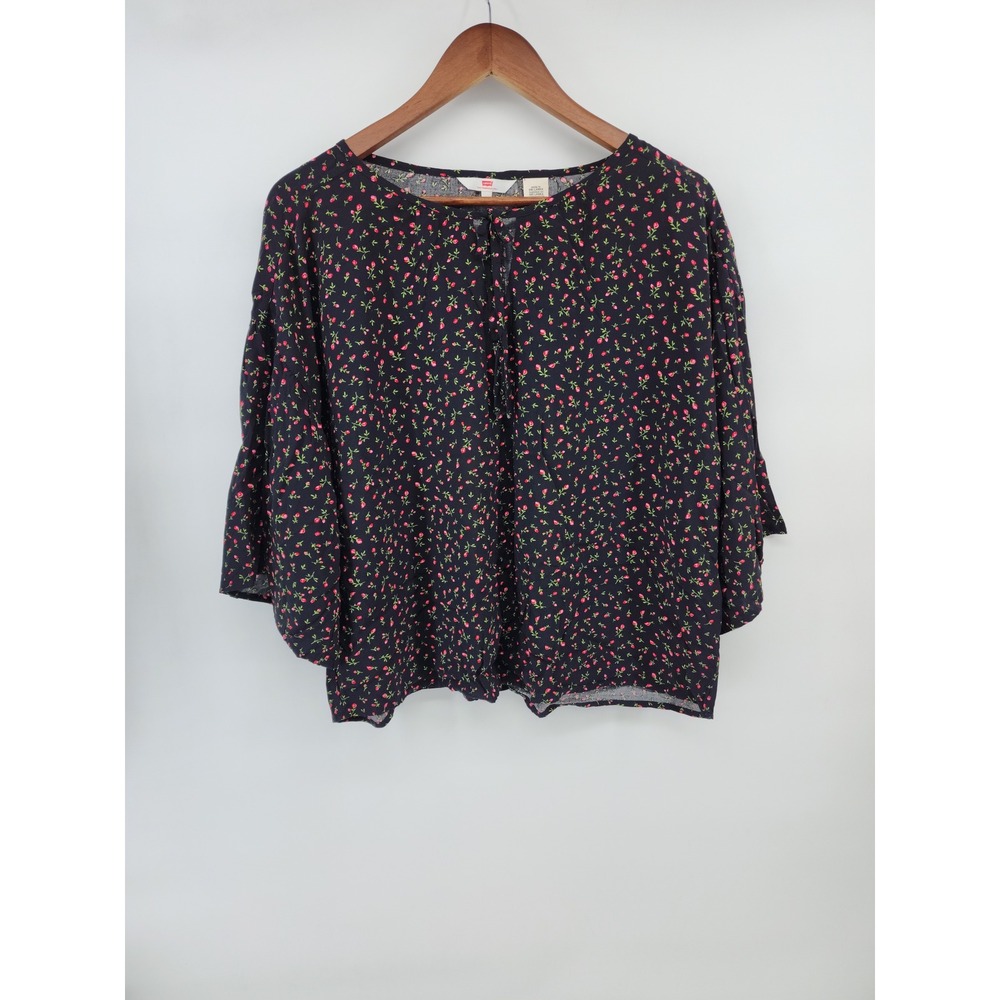 Levi's Floral Ditsy Print Flowy Peasant Blouse Black Pink 1X